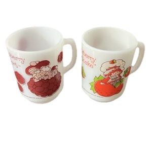 Vintage Raspberry Tart & Strawberry Shortcake Anchor Hocking Milk Glass Mugs Set
